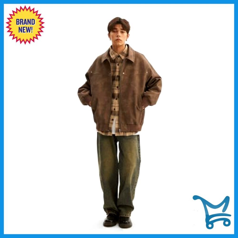Men's Faux Leather Zip Up Bomber Jacket 90s Vintage Biker Streetwear Coat - Picture 4 of 7